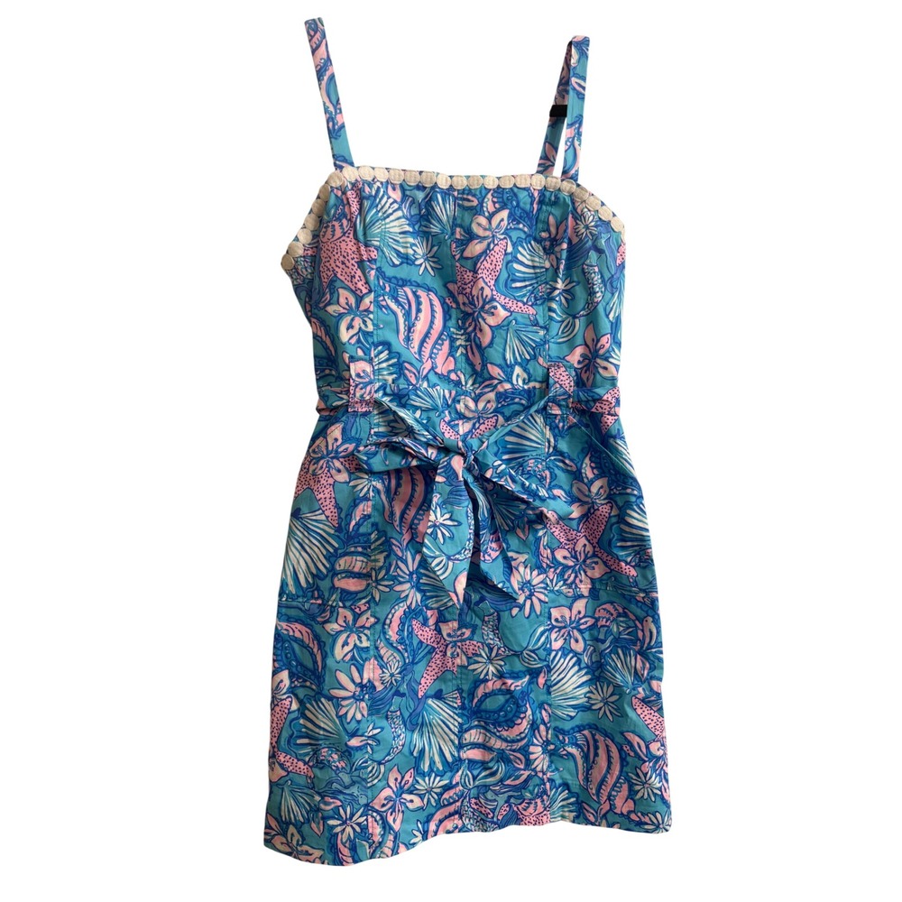 Lilly Pulitzer Womens 6 Blue Pink Sea Life Belted Shift Dress Cotton Stretch
